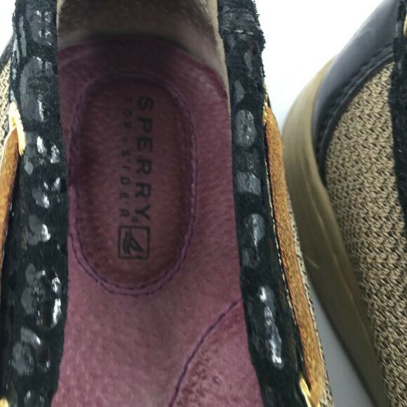 Sperry Top Sider Angelfish Boat Shoes Size 8.5 Black Cheetah Print Gold Loafers - Picture 3 of 8